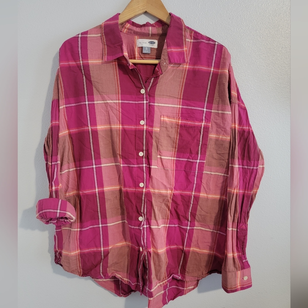 Pink plaid boyfriend button-up